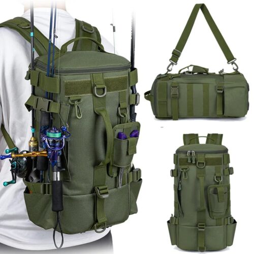 Angelrucksack mit Rutenhalter auf dem rücken
